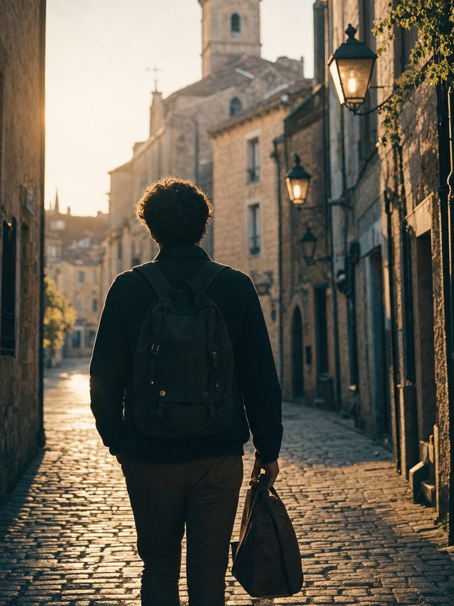 Persona caminando con mochila por una calle antigua europea al atardecer