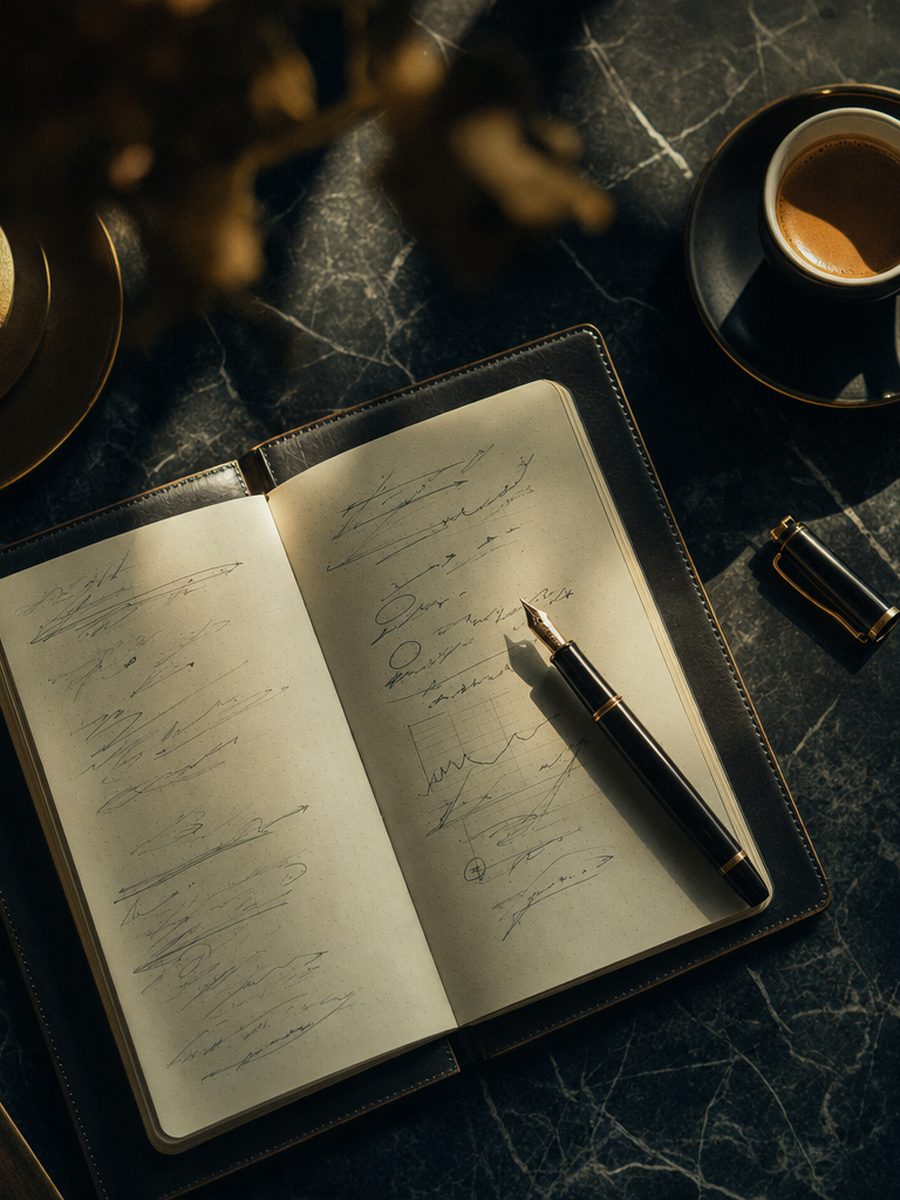 Cuaderno de estrategia con notas manuscritas, pluma y café sobre mármol oscuro