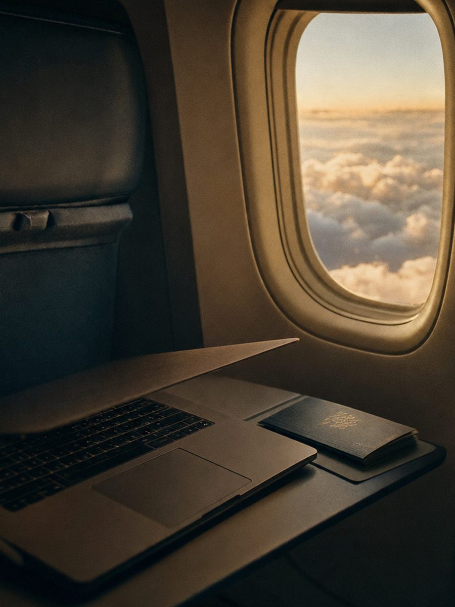 Portátil y pasaporte en la mesa de un avión junto a la ventanilla